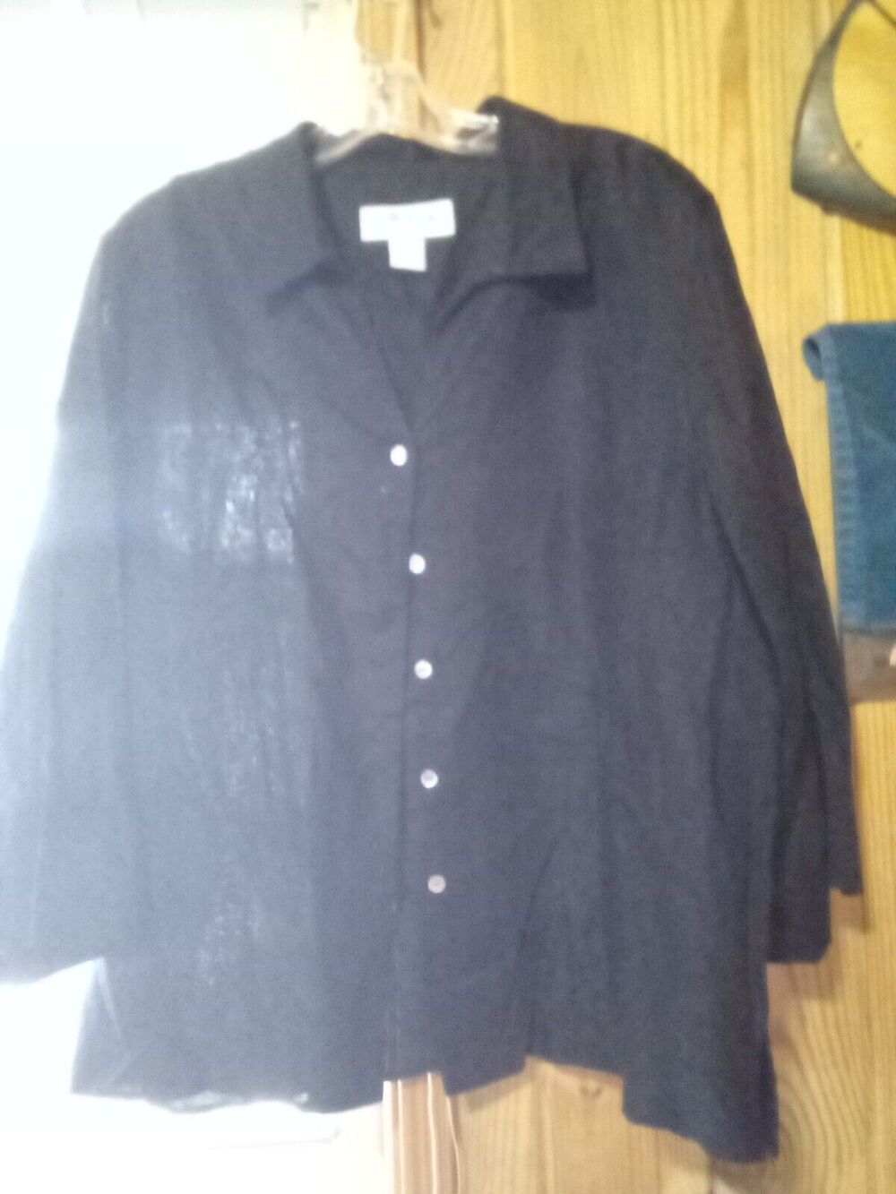 Orvis Women's Black Linen 3/4 Sleeve Button Up V Neck With Collar XL Shirt